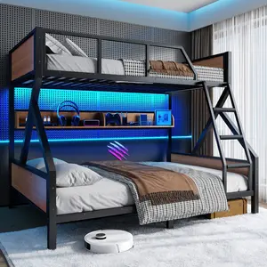 Full XL/Queen or Full+Storage Board/Queen Bunk Bed, Metal Bunk Bed with Storage Shelves and Lights, Space-saving & Noise-free Design, Black