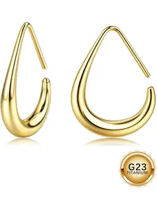 G23 Titanium Gold Hoop Earrings Hypoallergenic High Quality 18K Gold Plated Teardrop Earrings for Women Trendy Large Oval Pull Through Lightweight Silver Hoop Earring Statement Jewelry for Women