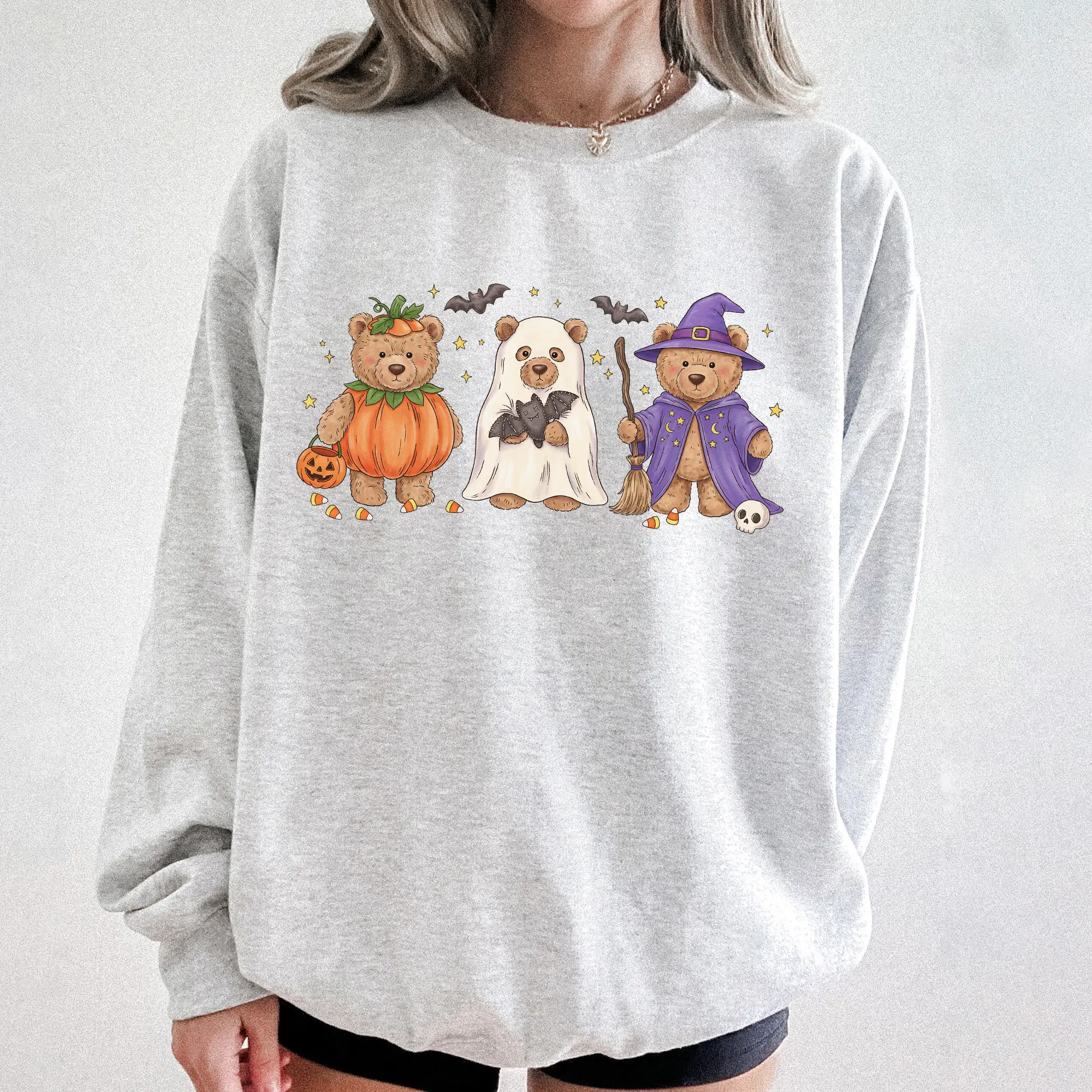 Cute Halloween Bear Sweatshirt, Pumpkin Ghost Witch Bear Graphic Crewneck, Spooky Fall Sweatshirt, Cozy Halloween Gift for Women