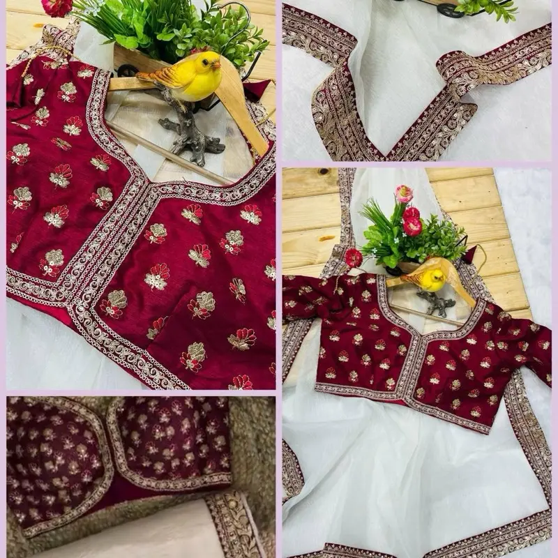 Womenswear Gorgeous Saree with Blouse - Maroon Color with Floral Embroidery Design Clothes