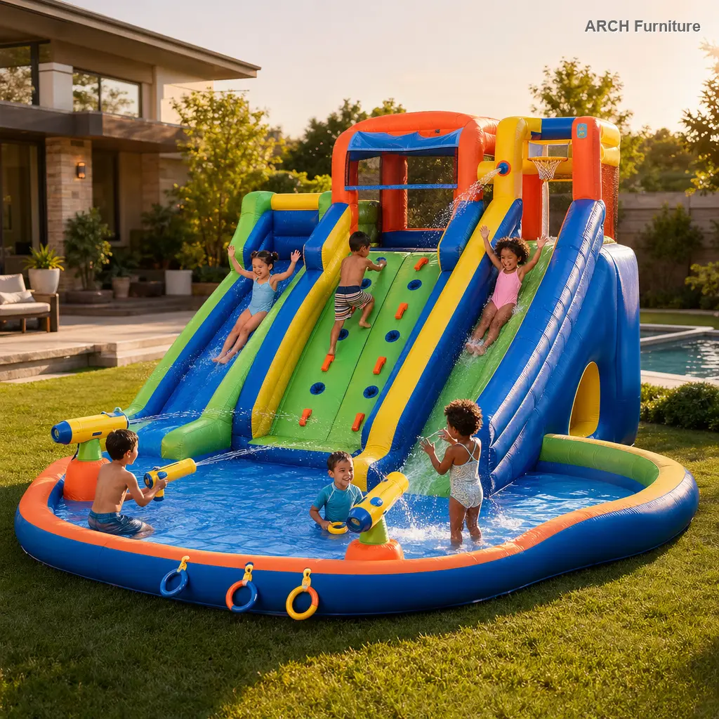 9-in-1 Inflatable Slide Park - Dual Slides, Climbing Wall, Basketball Hoop, Ring Toss, Water Guns, Splash Pool for Kids’ Outdoor Backyard Summer Fun, Home Decor Use, Water Slides