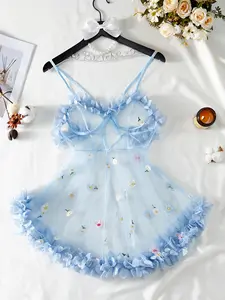 Women's Floral Embroidery Ruffle Hem Cami Nightdress, Adjustable Spaghetti Strap Criss Cross Backless Sheer Nightgown, Soft Comfortable Sleepwear for Women, Strap Chemise Nightgown