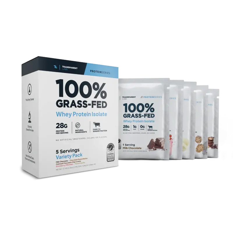 Transparent Labs Dye-Free Grass-Fed Edible Whey Protein Isolate Powder - 5-Servings Variety Pack, 28g Protein Per Serving, Chocolate Flavor, Natural Fitness Dietary Supplement for Adults, Protein Powder