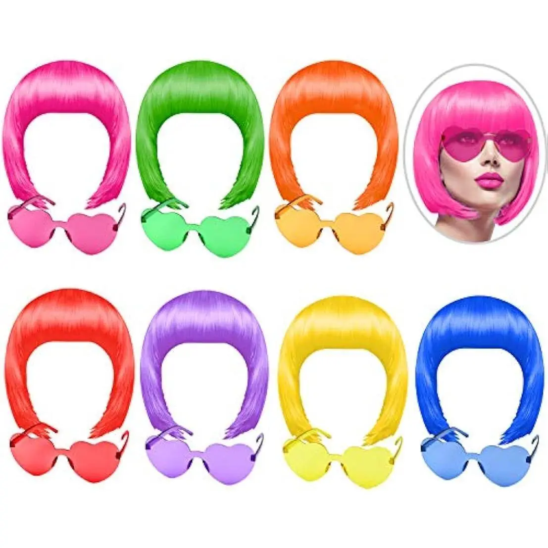 14 Pieces Party Wig and Sunglasses Set, Neon Short Bob Wig Sunglasses Set Dress Up Colorful Cosplay Wigs Everyday Party Hair Accessories for Halloween,Bachelorette Party Neon Party Favors, Festivals and Decorations (7 Wigs and 7 Sunglasses) Masks
