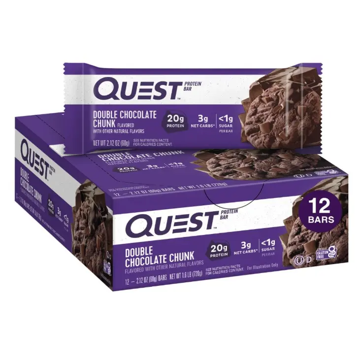 Quest Nutrition Double Chocolate Chunk Protein Bars, 20g Protein Bars, 1g Sugar, 4g Net Carb, Gluten Free, Keto Friendly, 12 Count