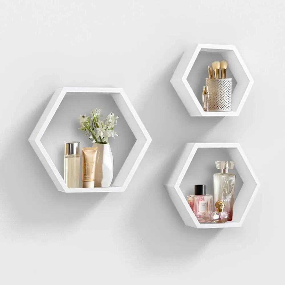 AHDECOR Hexagon Floating Shelves, Set of 3 White Hexagon Wall Shelves| Modern Honeycomb Floating Shelves for Living Room, Bedroom, Office| Hexagonal Wall Organizer Hanging Shelf