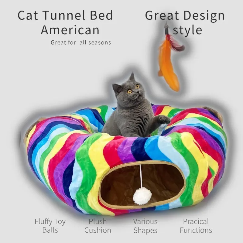 Large Cat Tunnel Bed with Plush Cushion - Rainbow Foldable Cat Toy Tunnel with Hanging Balls for Indoor Cats & Small Dogs