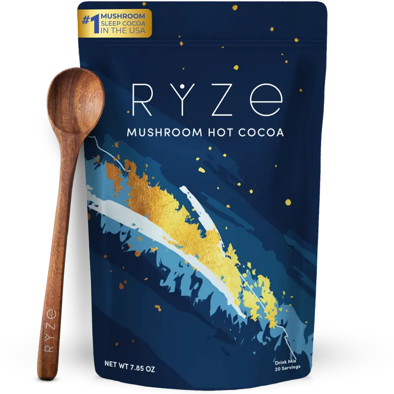 RYZE Mushroom Hot Cocoa Melatonin Sleep Supplement, Keto Cocoa Powder With Reishi Mushroom, Melatonin, Glycine, Cacao, L-Theanine, Chicory to Help Fall Asleep and Stay Asleep, 20 servings