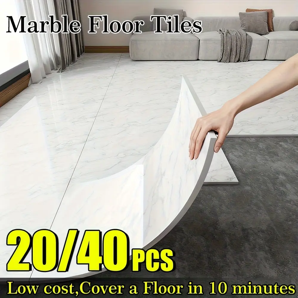 20/40pcs Glossy Marble Floor Stickers Wall Tiles - Self-Adhesive Waterproof Removable Vinyl Panels, Peel And Stick Luxury Marble Design in White/Black/Grey/Beige, Easy to Clean And Maintain for Bathroom, Kitchen, Living Room, Bedroom Renovation