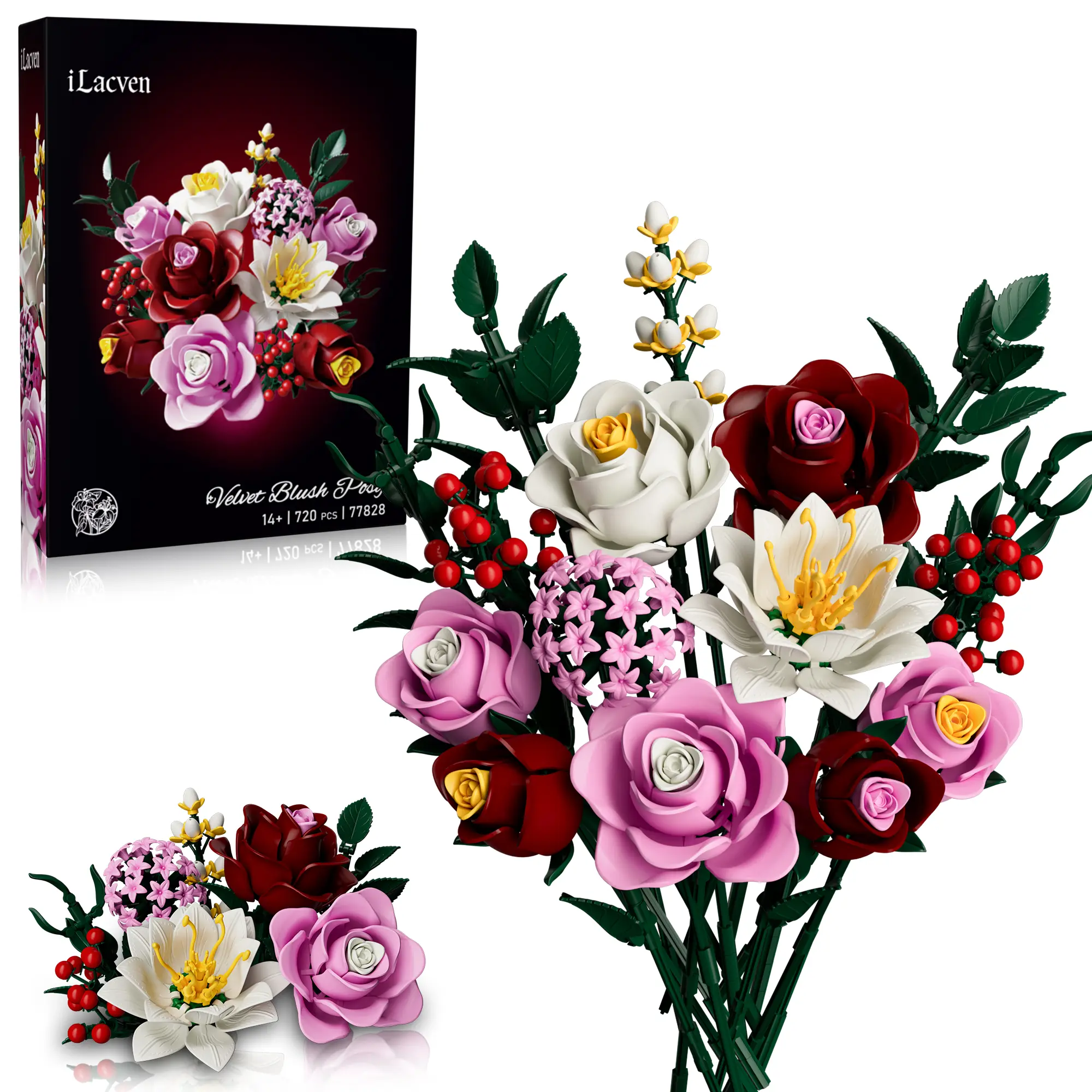 iLacven Red Rose Flower Building Block Model Kit - High Quality Material DIY Diorama Toy, Romantic Lifelike Decoration for Valentine's Day, Durable anniversary Gift for Adults