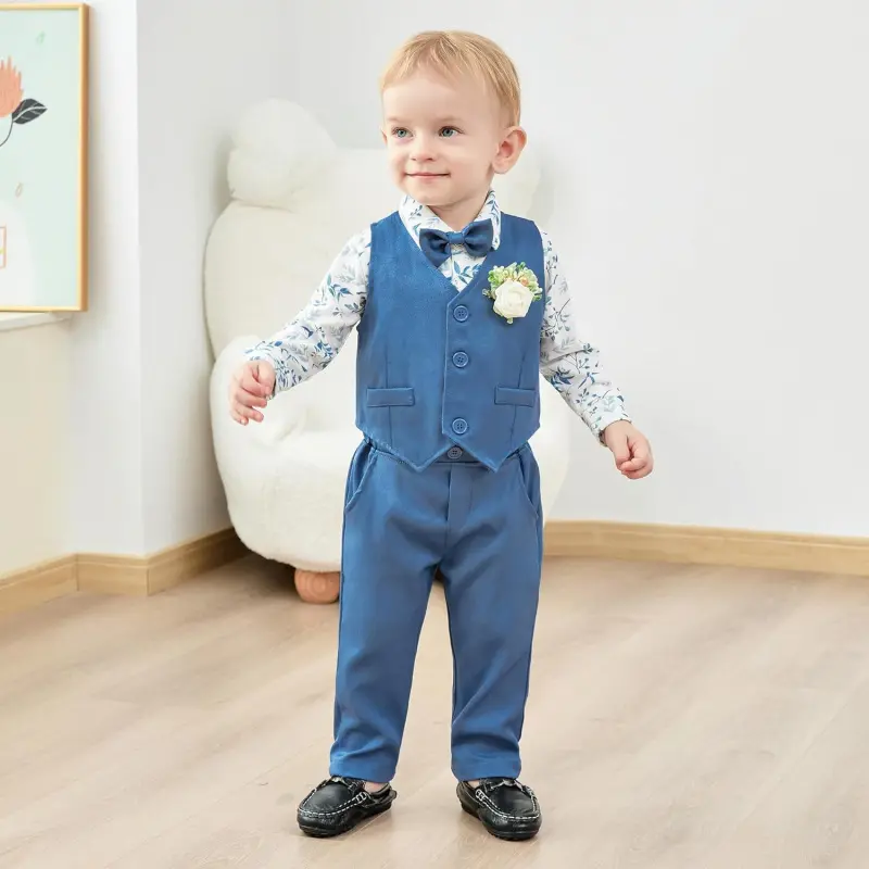 Newborn Long Sleeve Gentleman Suit Baby Boy Holiday Party Wedding Dress Suit One-Piece Shirt, Vest, Pants,  Soft And Comfortable Toddler Clothing