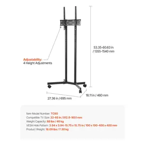 VEVOR Rolling TV Stand, Mobile TV Cart for 32-65 Inch Screens, Height Adjustable, Portable Monitor Stand with Wheels Holds up to 88 lbs for Living Room, Bedroom, Office, Outdoor, Max VESA 400x400mm