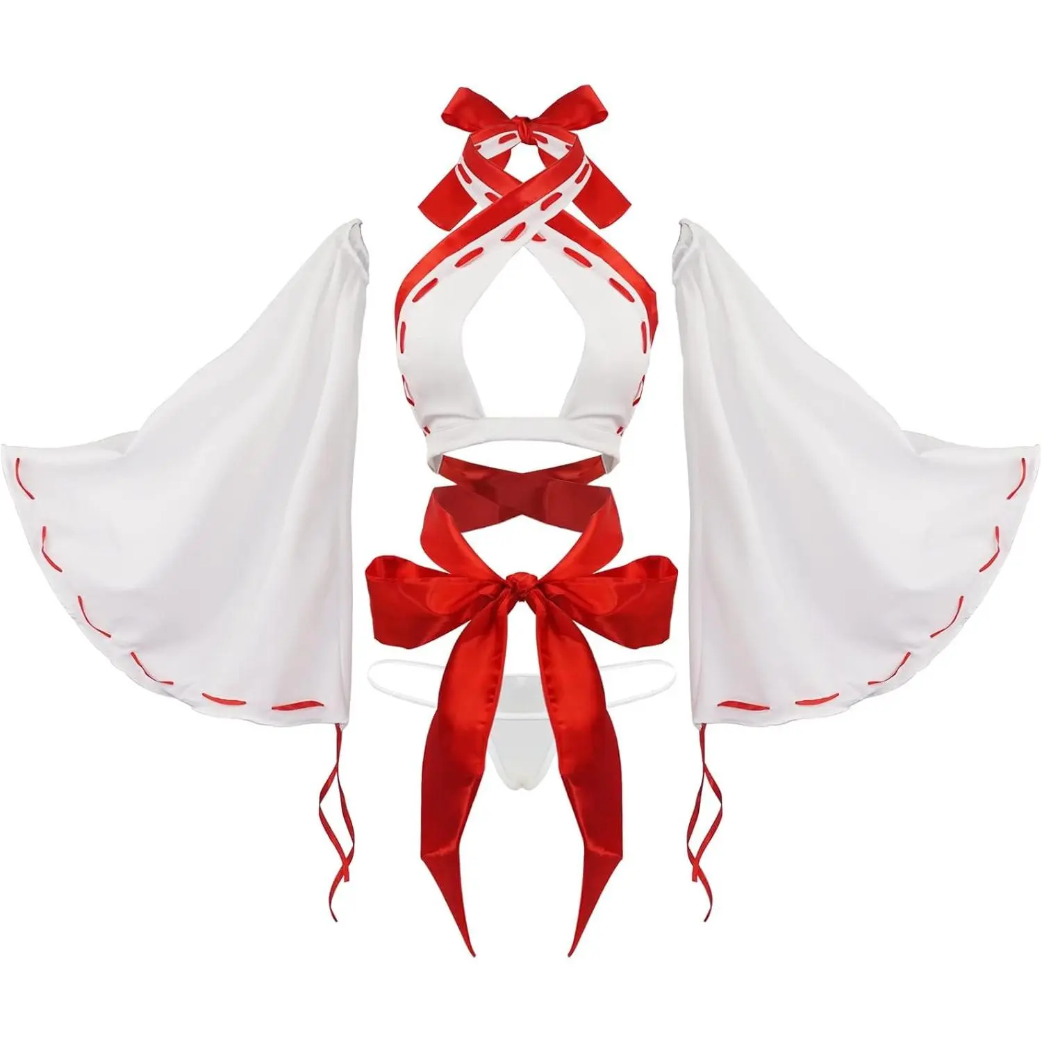 Women's Kawaii Japanese Anime Miko 2-Piece Cosplay Clothes - Red and White Halter Neck Kimono, Bra and Panty Set with Accessories for Dating, Women's Clothes, Holiday, Breathable, Cartoon Character, Short, Patchwork, Anime-Style, Bow-Tied, Free-Size, Cosp