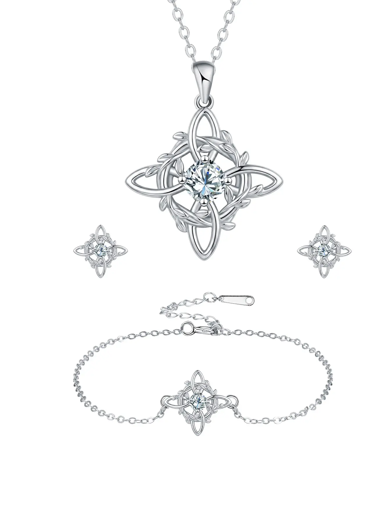 Good Luck Wreath Witches Knot Geometric Pattern Vintage Jewelry Set, Jewellery Gift Set for Women, Witch Pendant Necklace Bracelet Earrings, Hypoallergenic Piercing Studs for Sensitive Ears, Amulet Jewelry for Women, Sensitive Skin