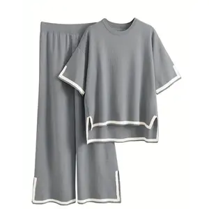 Women's2-PieceCasualSetShortSleeveKnitPulloverTopWide-LegPantsFabricLoungewearBlackPajamas