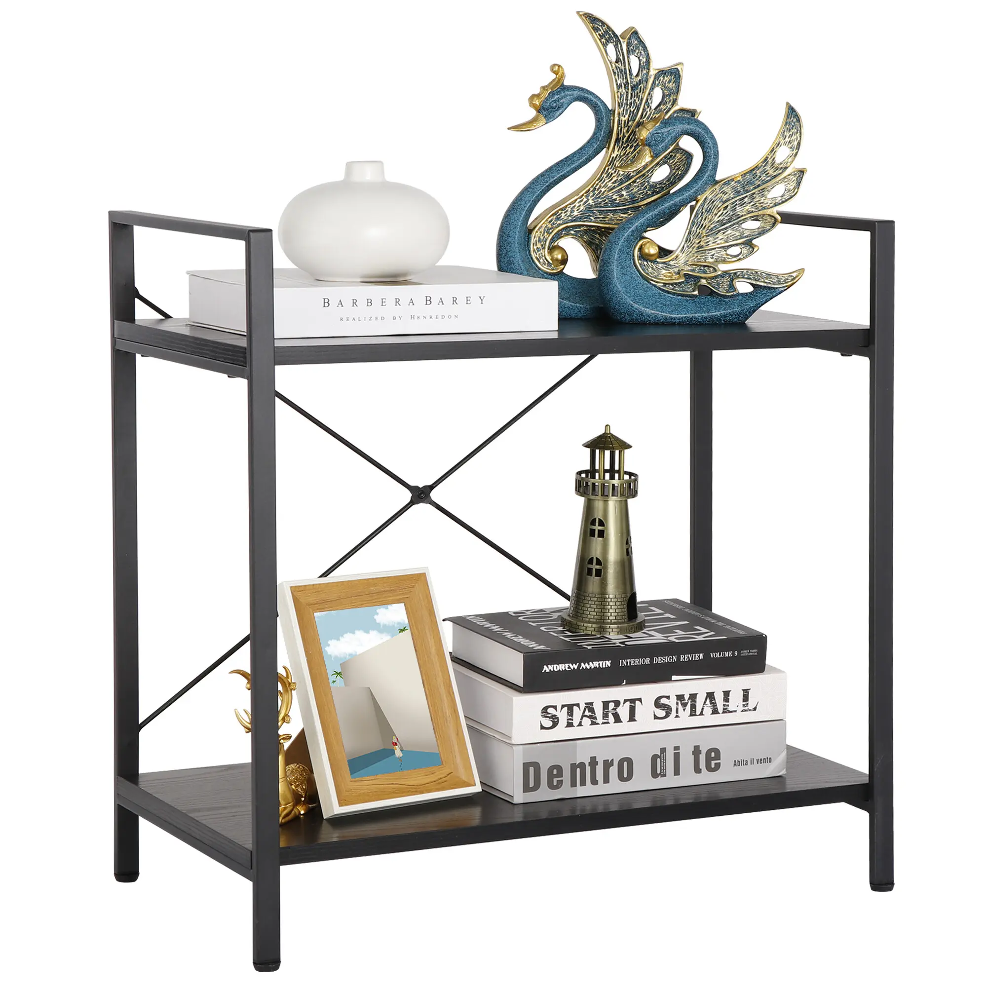 Zeny Industrial 2-Shelf Metal Bookshelf - Space Saving Furniture with Compact Design, MDF & Steel Frame, X-Bracing, Indoor Display & Storage Accessory