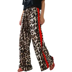 Women's Casual Pants Drawstring Leopard Print Color Block Side Striped Straight Leg Wide Leg Loose Pants