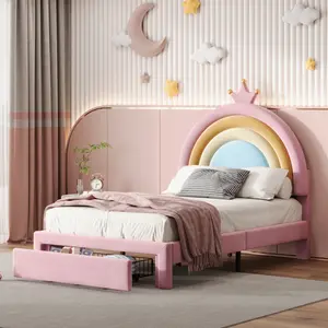 Twin Size Bed Frame with Drawers, Rainbow Upholstered Platform Bed, Velvet Princess Bed, Twin Size Rainbow Bed Frame for Bedroom, Pink
