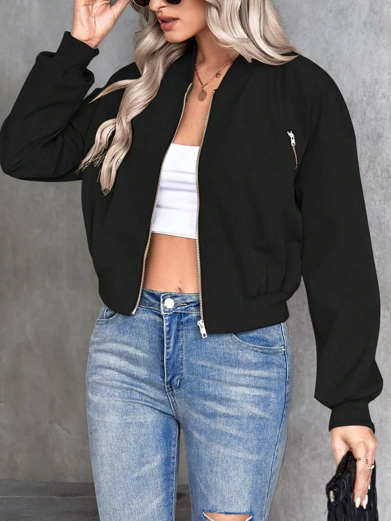 Women's Plain Color Zipper Basic Casual Flight Jacket Coats, Long Sleeve Tops, Woven, Fitted Style, All Seasons Wear, Fashionable Aesthetic Ladies Outerwear, Casual Comfy Jacket
