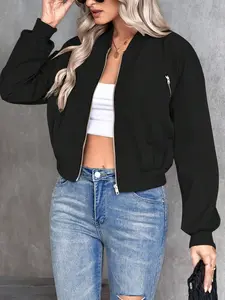 Valentine's Day Women's Plain Color Zipper Casual Flight Jacket, Woven Fabric Moderate Thickening, All Season Fitted Style Outerwear