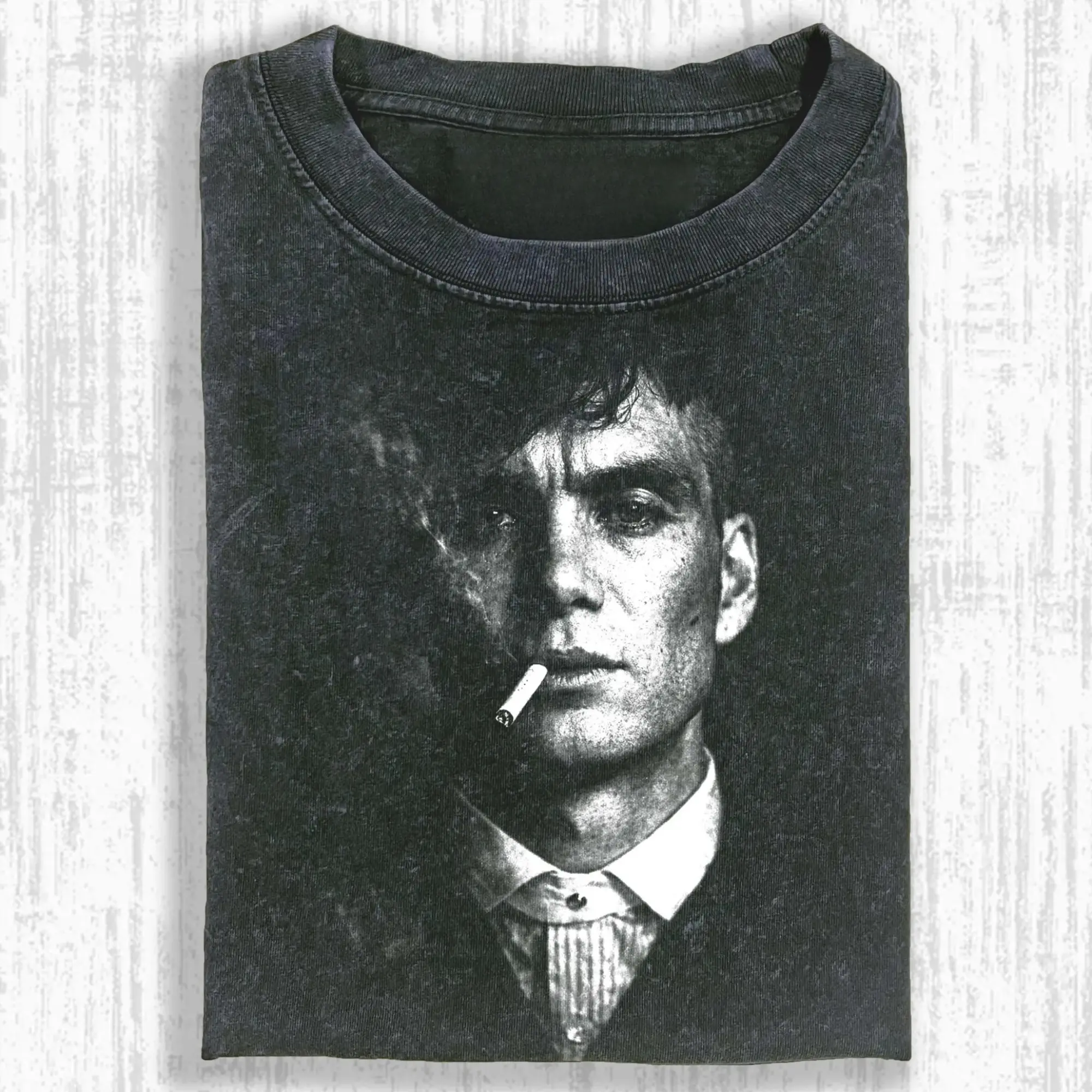 Vintage Tommy Shelby Peaky Blinders Smoking Cigarette T-Shirt - Retro Gangster TV Show Cillian Murphy Graphic Teem, Fitted Short leeve T-Shirt - Men's Black Round Neck Menswear, Gift For Men, Gift For Women
