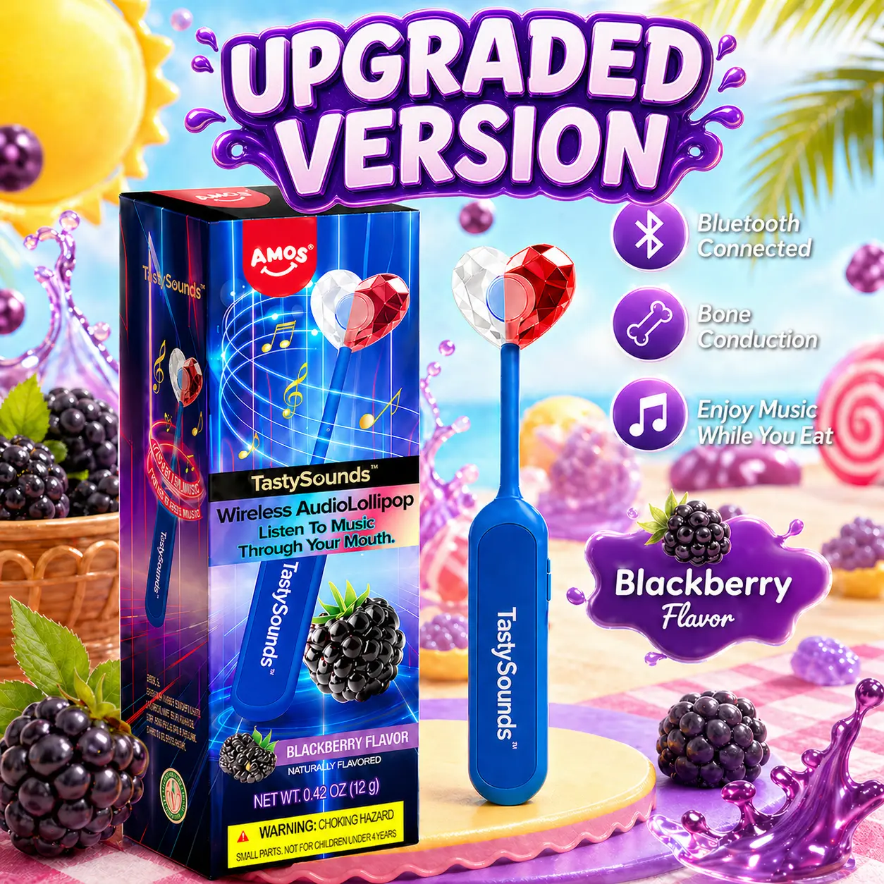 AMOS TastySounds Wireless Audio Lollipop – Blackberry Flavor, Bone Conduction Music Candy, Rechargeable Singing Lollipop, Listen Through Your Mouth Novelty Gift Pre-Sale