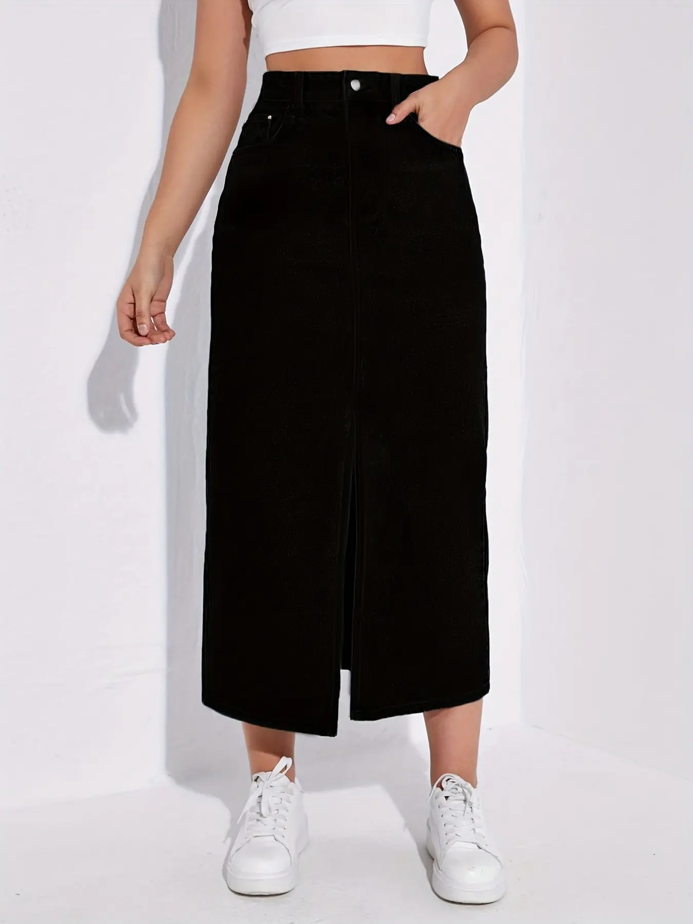 Women's High-Waisted Straight-Leg Split Bottom Denim Skirt, Slim Fit Long Solid Color Casual Design, All-Season Everyday Wearable Fashion Piece