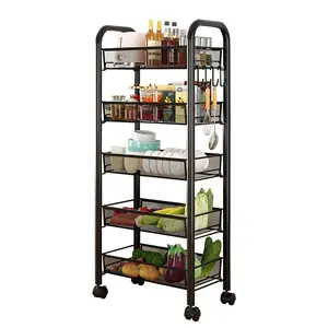 5 Tier Slim Rolling Cart Vegetable Storage rack Metal Narrow Trolley  Storage Cart on Wheels Beauty Fruit Drinks Cart with 4 Hooks Mesh Basket Narrow Shelf for Kitchen Bathroom Office 40 x 17.3 x 14.24in