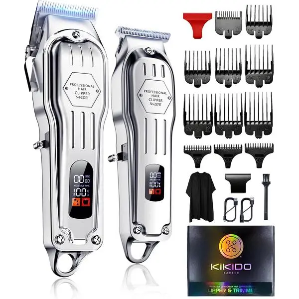 Professional Silver Cordless Hair Clippers for Men - Home Hair Cutting Kit with 6500RPM Motor, 2500mAh Rechargeable Battery, LED Display, Electric Trimmers for Face, Beard