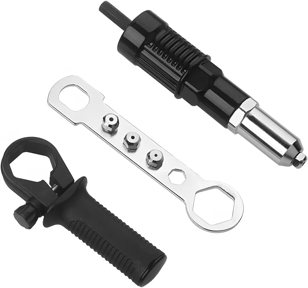 Rivet Gun Adapter, Pop Riveting Nut Tool Drill Attachment, Power Drill Tool Kit Cordless Rivet Gun with Handle Grip & 4 Rivet Head, Universal Fit