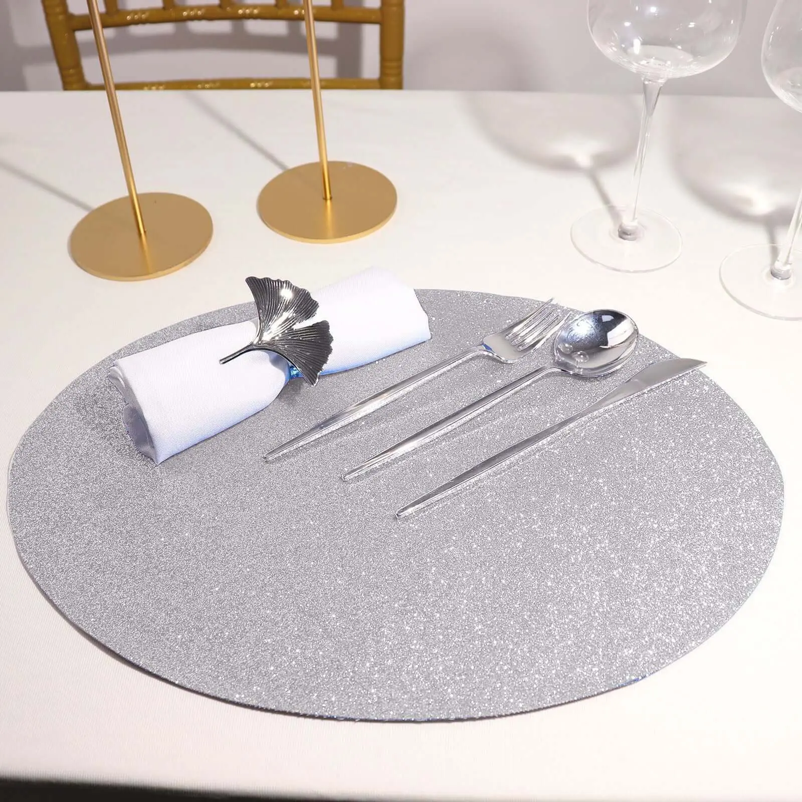 6-Pack Silver Sparkle Glitter Oval Placemats, Non-Slip Stain Protection Tableware, Decorative Dining Mats (12"x18") for Bridal & Baby Shower, Christmas, Bridal And Baby Shower