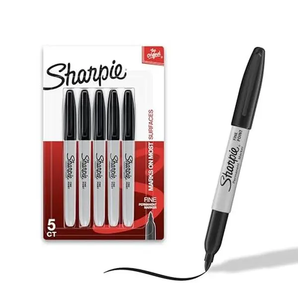 Sharpie Permanent Markers, Fine Tip, Black, 5 Count - Quick Drying, Fade Resistant