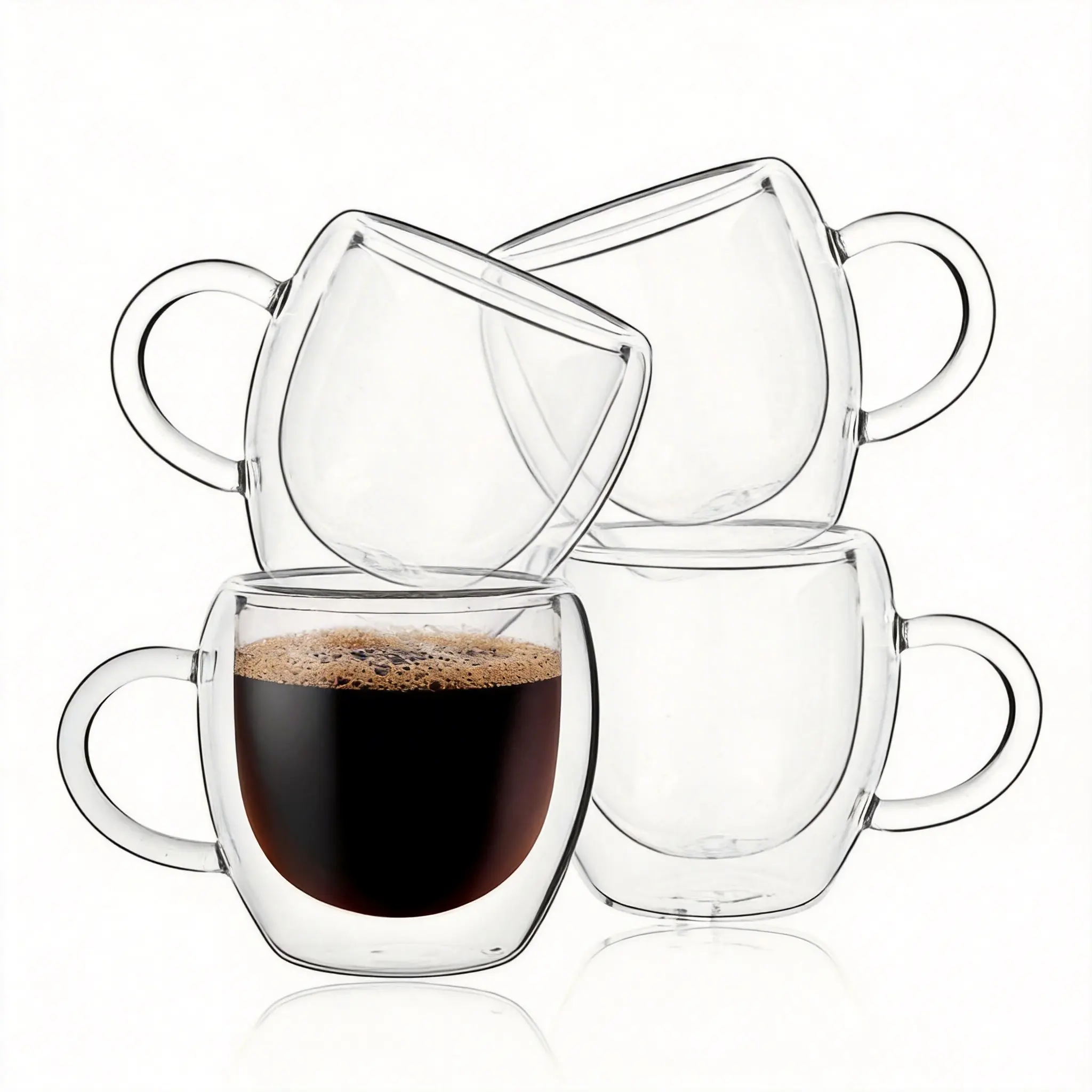 2.5oz Double Walled Espresso Coffee Cups Set of 4 with Handle,Clear Expresso Shot Cup Glasses,Tazas de Cafe Expreso,Drinkware Essentials,Borosilicate