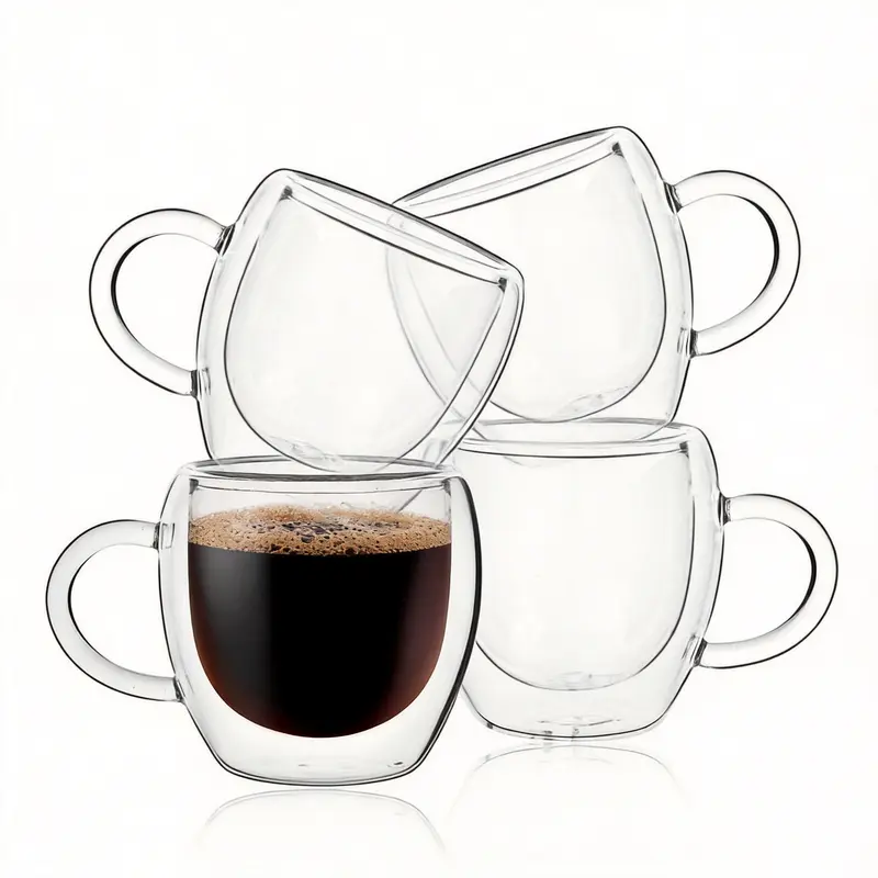 YUNCANG 2.5oz Double-Walled Borosilicate Insulated Glass Espresso Cups Set of 4 with Handle - BPA-Free, Lead-Free Beverage Cups, Crystal-Clear, Curved Rim, Aesthetic Kitchen Drinkware Essentials for Safer Sipping