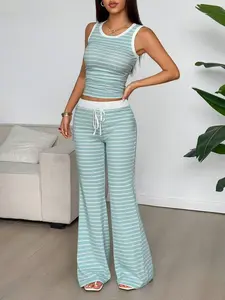 Women's Fashion Casual Striped Sleeveless Slim Knit Top Vest and Pants Matching Set, 2 Piece, Summer Set, Womenswear, Perfect for Daily Wear, Casual Loungewear Set
