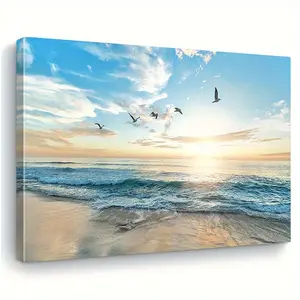 Beach Sunset Seascape Canvas Wall Art with Wooden Frame - Ideal for Living Room, Bedroom, Kitchen, and Office Decor - Perfect Christmas Gift, Home Decoration, Suitable for Her and Him, Room Decoration