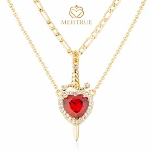 MEIITRUE 14K Gold Plated Dainty Heart & Zirconia Dagger Cross Pendant Necklace for Women - Accessories for Women, Romantic Accessories - Anniversary Gifts for Her, Gifts for Boyfriend Elegant Jewelry Summerwins DealsForYouDays