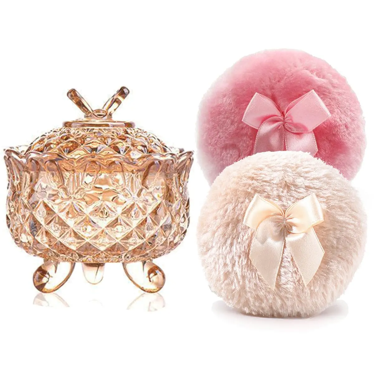 1pc 4 Inch Glass Powder Container with 2 Soft 3.5" Puffs, puff Jar,Loose Powder Storage,Easter Gifts for Women