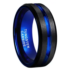 Men's 8mm Matte Black Blue Tungsten Wedding Band Groove Comfort Fit Scratch Resistant - Yonifu Durable Modern Promise Ring Gift for Husband