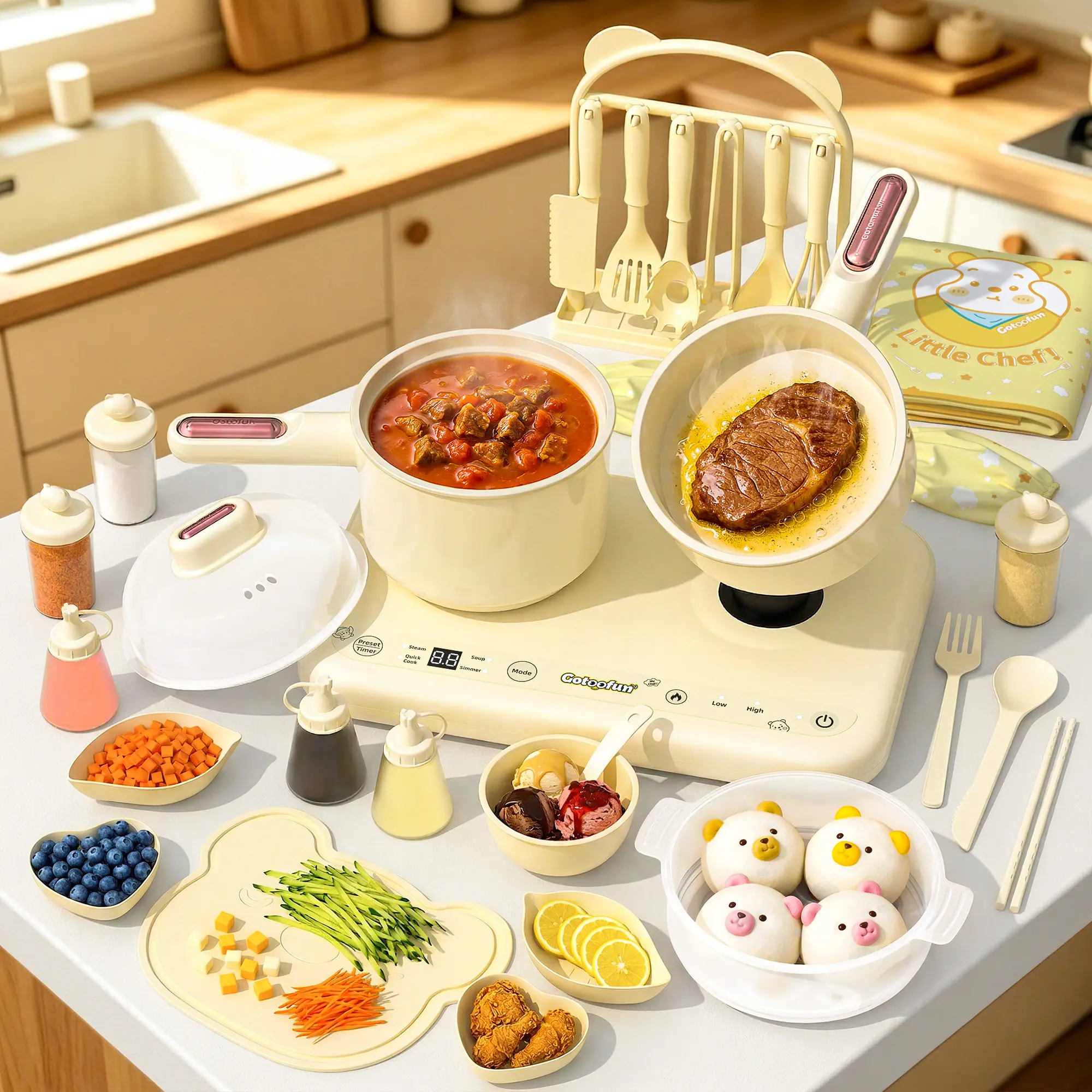 Gotoofun Dual-Stoves Kids Real Mini Cooking Set (Ages 5-12) - Safe Montessori Kitchen Tools for Toddlers, Compact & Versatile Pretend Play Dishes & Utensils, Cool Gifts for Kids for Halloween, Christmas,familyfun