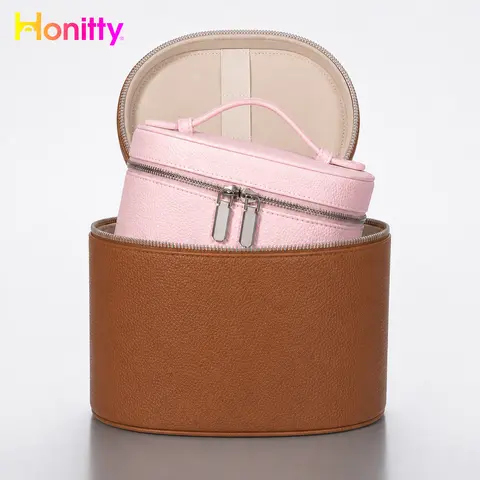 HONITTY Women's Compact PU Travel Cosmetic Bag - Waterproof Handheld Pouch, Chic Minimalist Toiletry Bag with Removable Customizable Compartments, Top Single-Handle, Inner Lid Elastic Band, Cosmetics Organizer