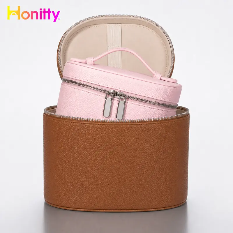 HONITTY Women's Compact PU Travel Cosmetic Bag - Waterproof Handheld Pouch, Chic Minimalist Toiletry Bag with Removable Customizable Compartments, Top Single-Handle, Inner Lid Elastic Band, Cosmetics Organizer