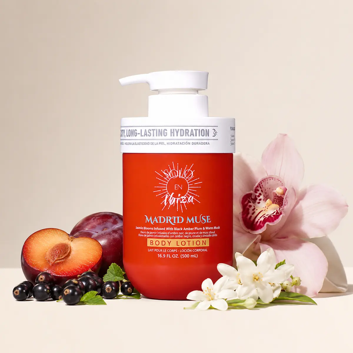 SOLO EN IBIZA Madrid Muse Scented Body Lotion, Lightweight Daily Moisturizer for Hydration with Plum & Jasmine, Unisex & Vegan, 16.9oz, Gentle, Moisture, Fruit, Vanilla Scents