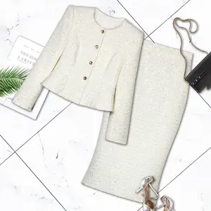 DUSHE Women's Elegant 2-Piece Fitted Set - Sparkly White Sequin Long Sleeve Crewneck Slim Small Jacket & Hip-Hugging Skirt, New Fashion Item, Round Neck, Women's Clothes,summervibes