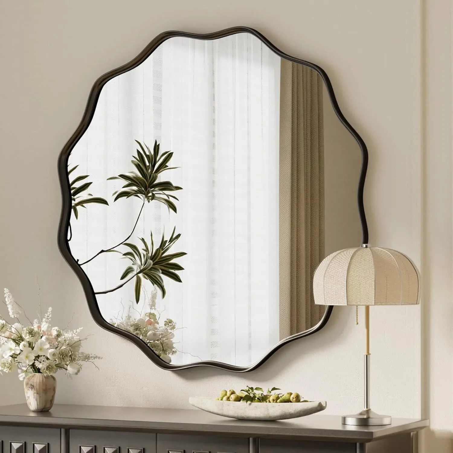 Black Scalloped Circle Mirror, 30" Wavy Edge Round Wall Mirror with Tempered Glass Textured Circular Metal Deep Frame, Hanging Leaning for Bathroom, Hallway, Entryway, Livng Room