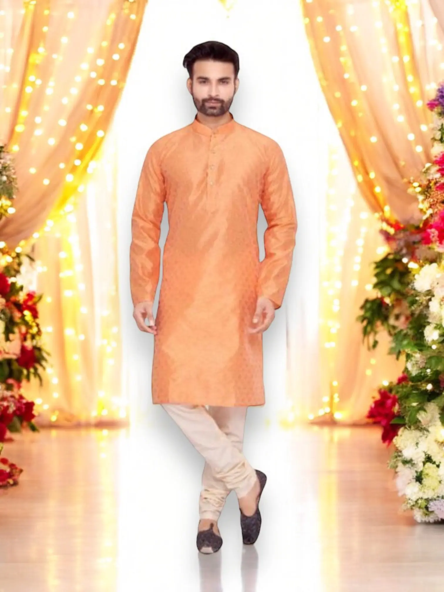 Elegant Men's Peach Silk Kurta with Pant - HT6374– Ethnic Wear for Mens