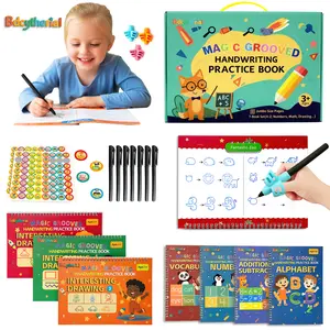 7-Piece Large Reusable Handwriting Practice Book Set for Kindergarten & Preschool Laminated Charts Grooved Magic Workbook Sticker Decals Marker  2026 School Supply Gift grooved handwriting books Visual Learning Tools Stencil