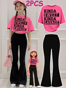 2PCS  Tween Girls Clothes T-Shirt Set  Kinda Sweet Kinda Savage Print Girl Clothes Short-Sleeved Round Neck T-Shirt Bell Bottom Pants Set Perfect For Outdoor  Kids Clothes Fashion Combined Set, Polyester, Short Sleeves