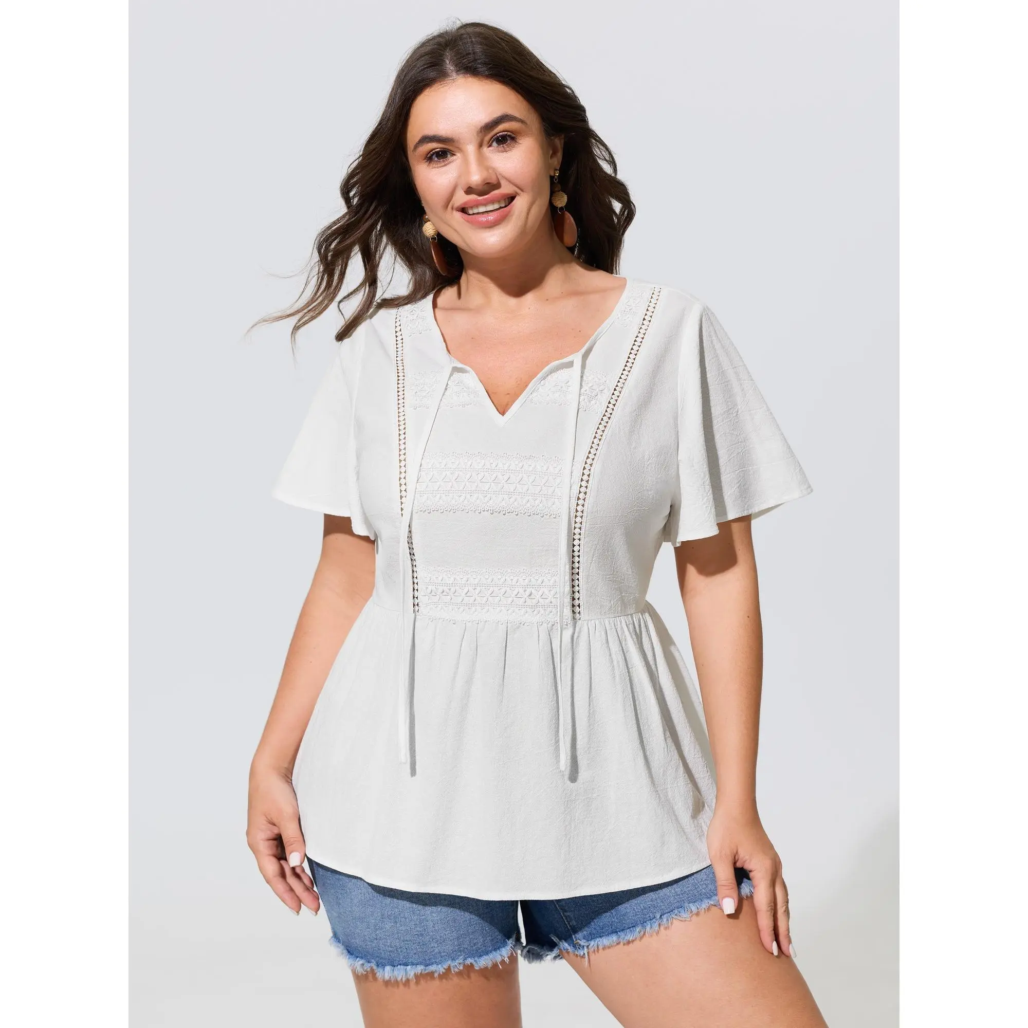 BLOOMCHIC Lady's Plus Size Cotton V-Neck Flutter Sleeve Peplum Blouse - Smooth Garment, Basic Fit, Summer Finds [M-6X], Shortsleeve