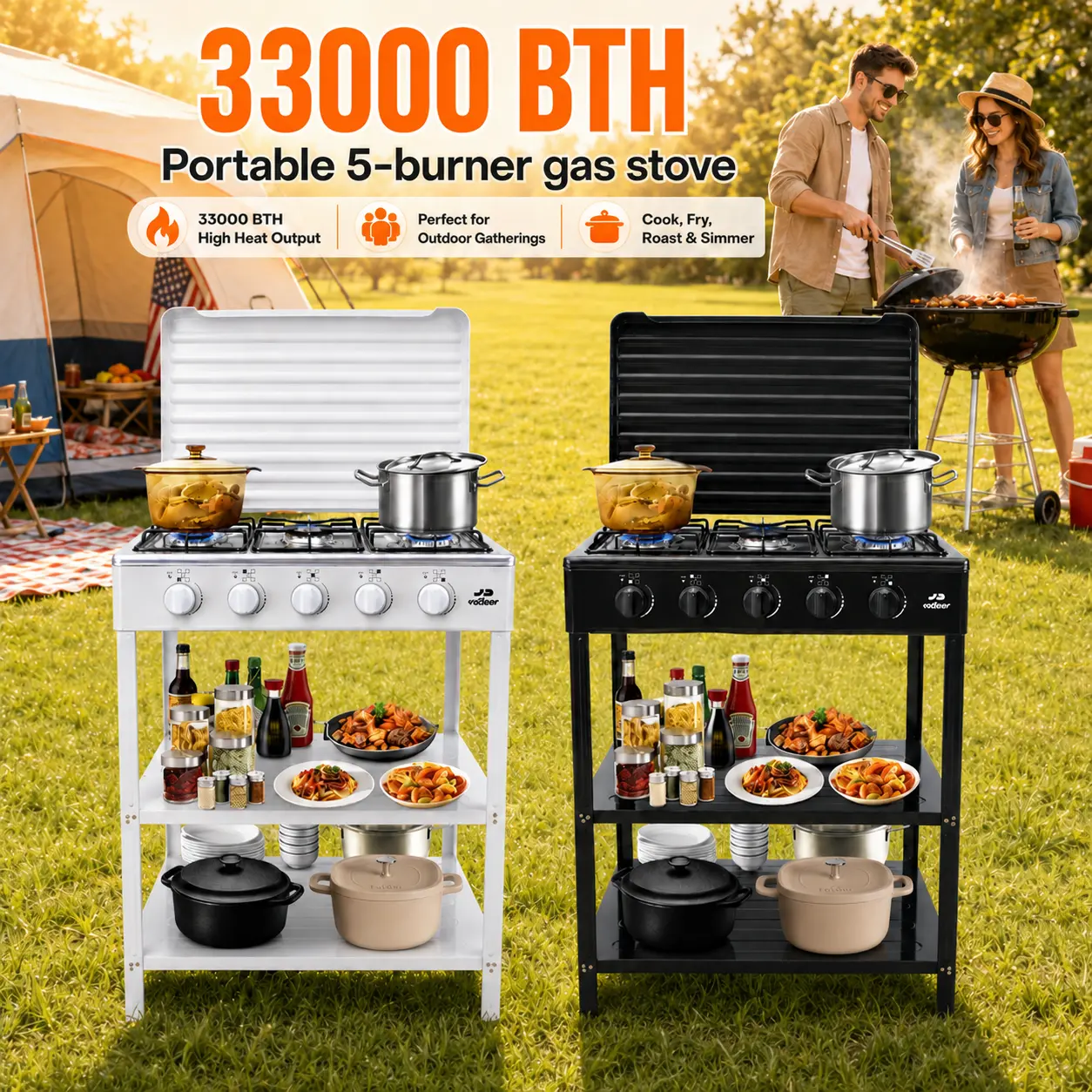 【upgrade】Redeer 33000 BTH Natural Gas Stove, Natural Gas Stove With 5 Burners, Portable Natural Gas Stove For Outdoor Activities-- Camping, Fishing, RV Travel, Emergency Preparedness 0-20 psi adjustable regulator tent  stove grills
